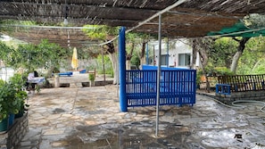 Un espace extérieur doté d’un sol en pierre, d’une clôture bleue et d’une partie abritée recouverte d’un toit de chaume.