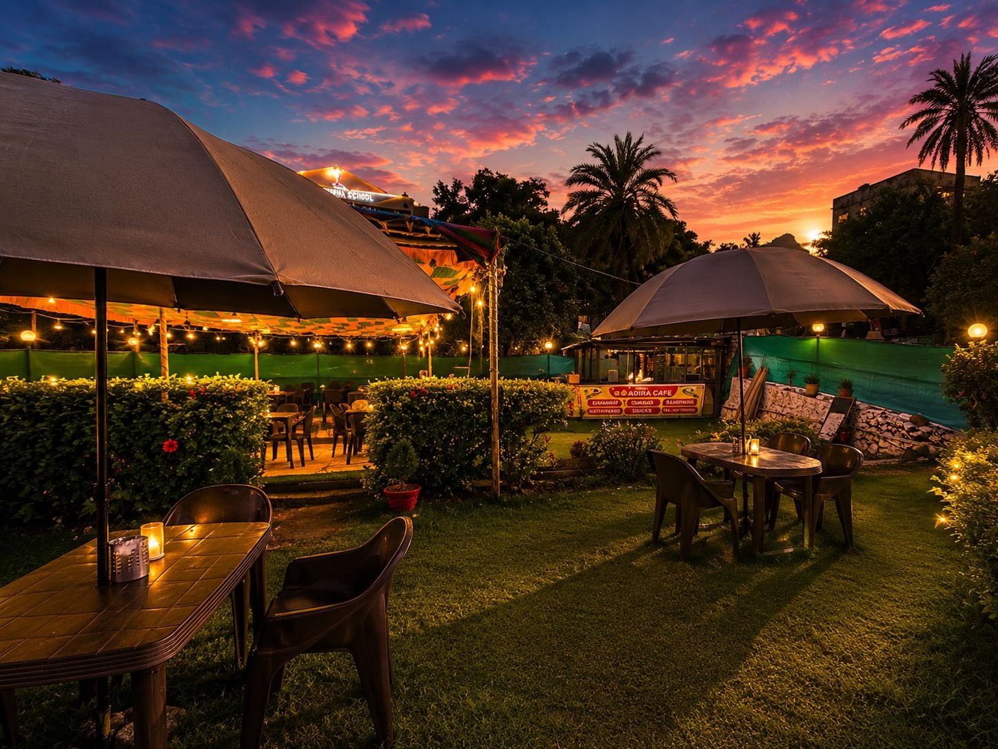 An outdoor seating area with tables and chairs under umbrellas, surrounded by greenery and a sunset sky.