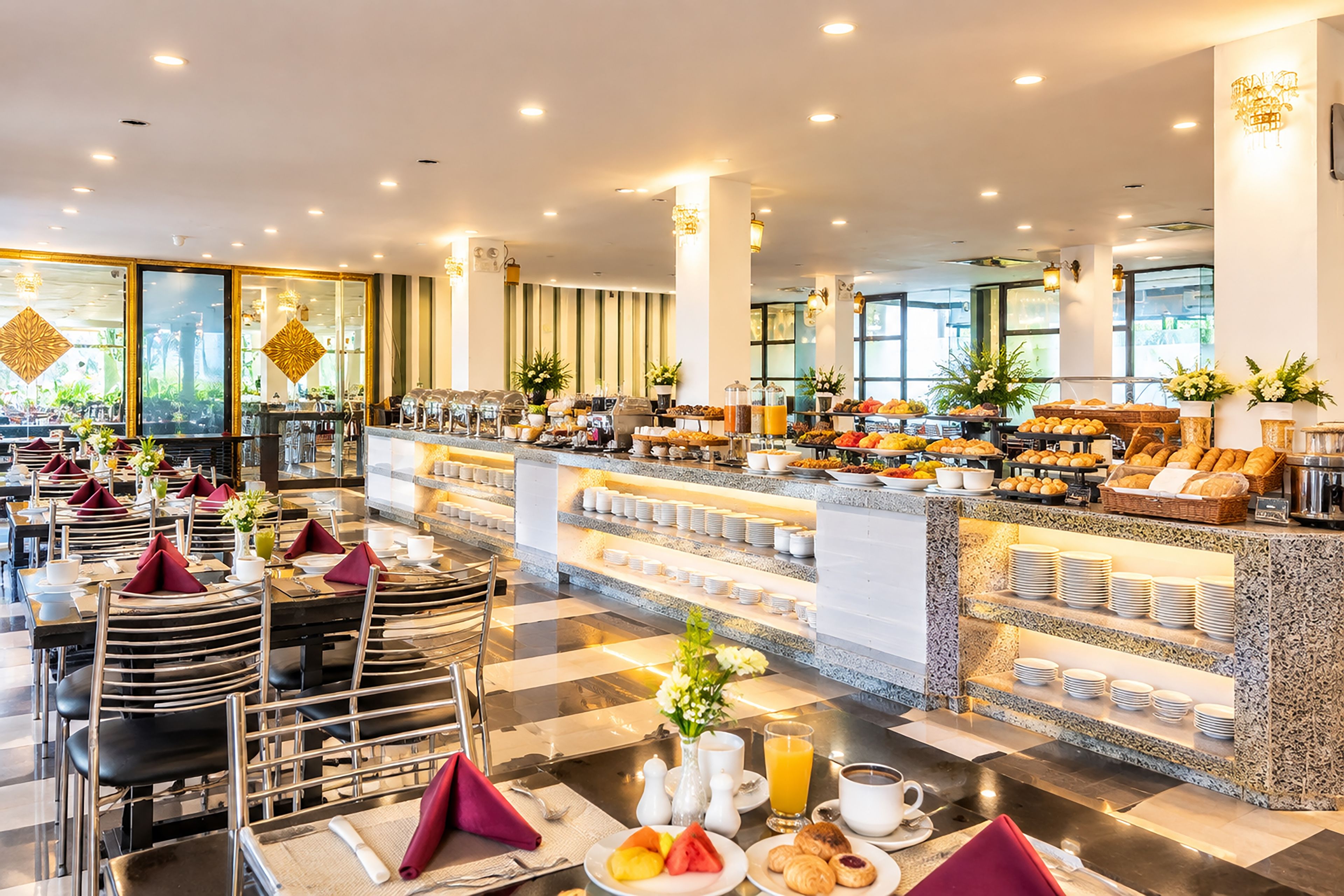 A hotel breakfast area with buffet-style food, seating arrangements, and a view of the outdoors.