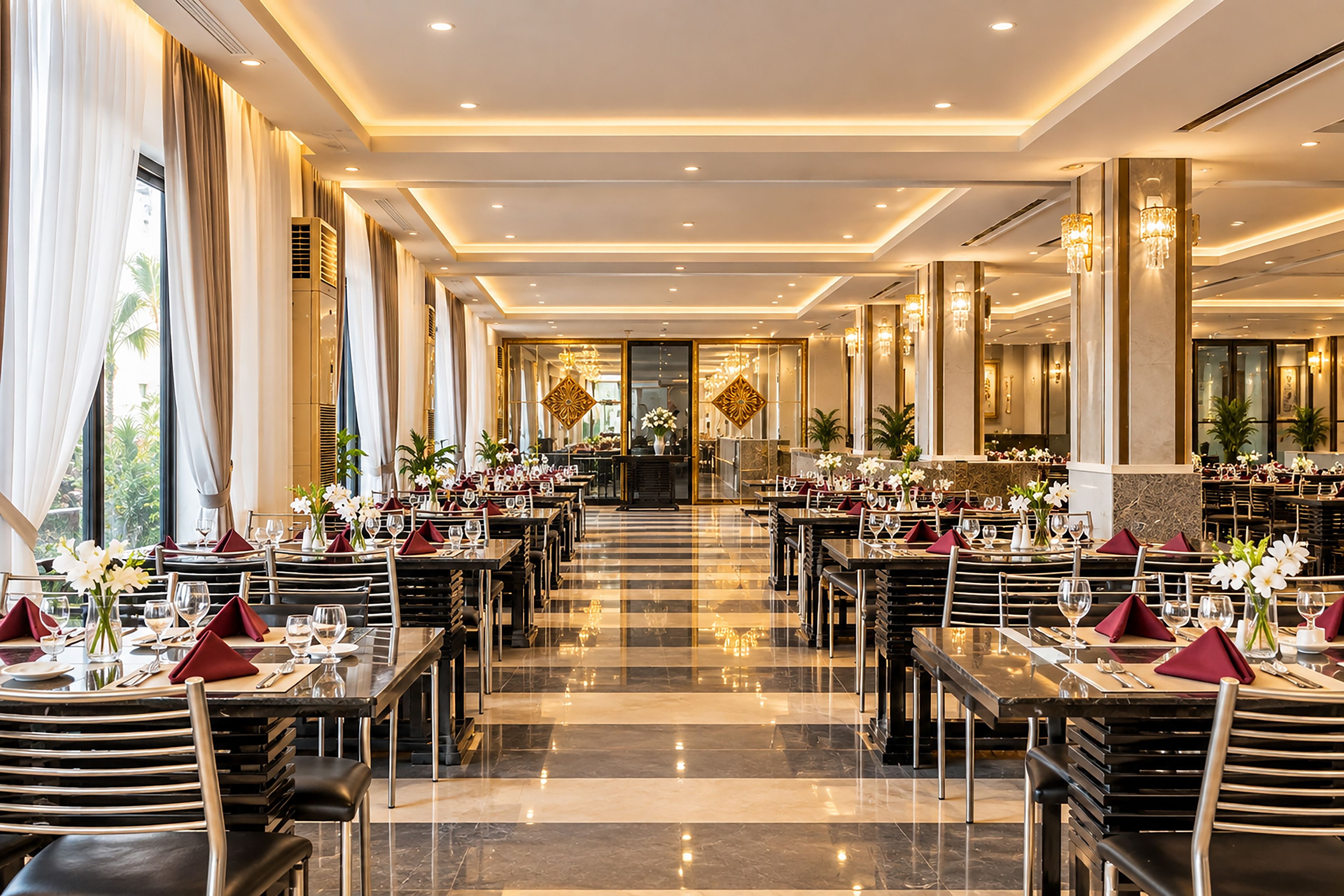 A spacious hotel dining area with multiple tables, chairs, and a central decorative element.