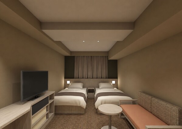 A hotel room with two beds, a television, a small table, and a sofa. - Natural Hot Spring Matsubara no Yu (Rikuzentakata)