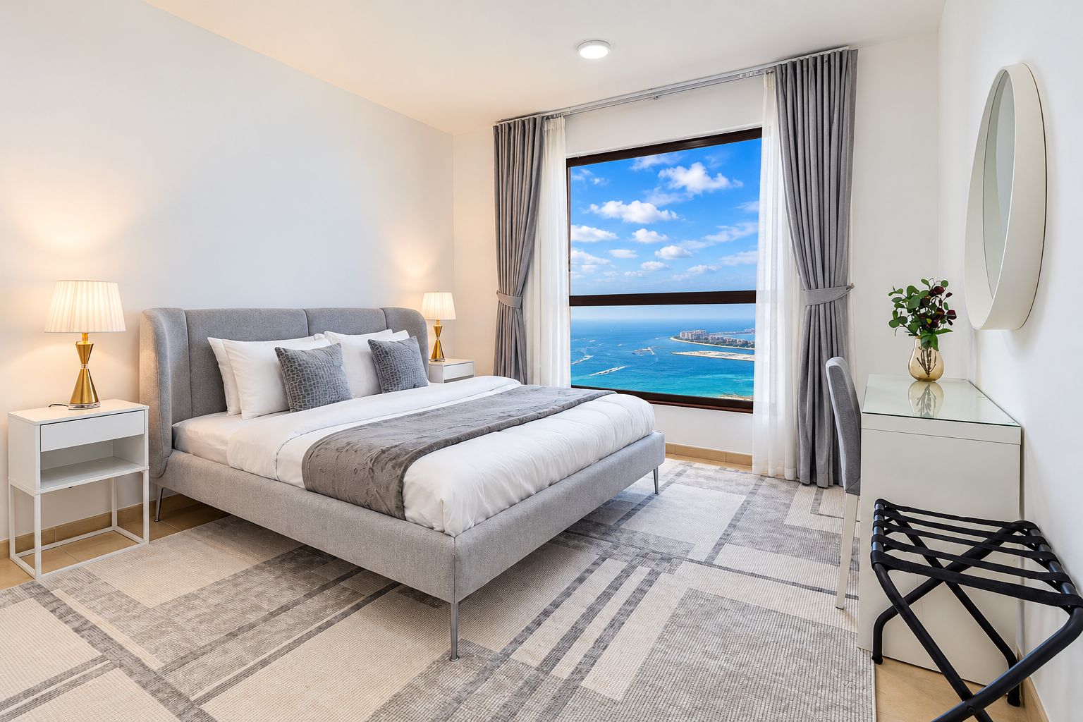 Un dormitorio moderno con una cama grande, lámparas de noche, vistas al mar y un escritorio pequeño con espejo.