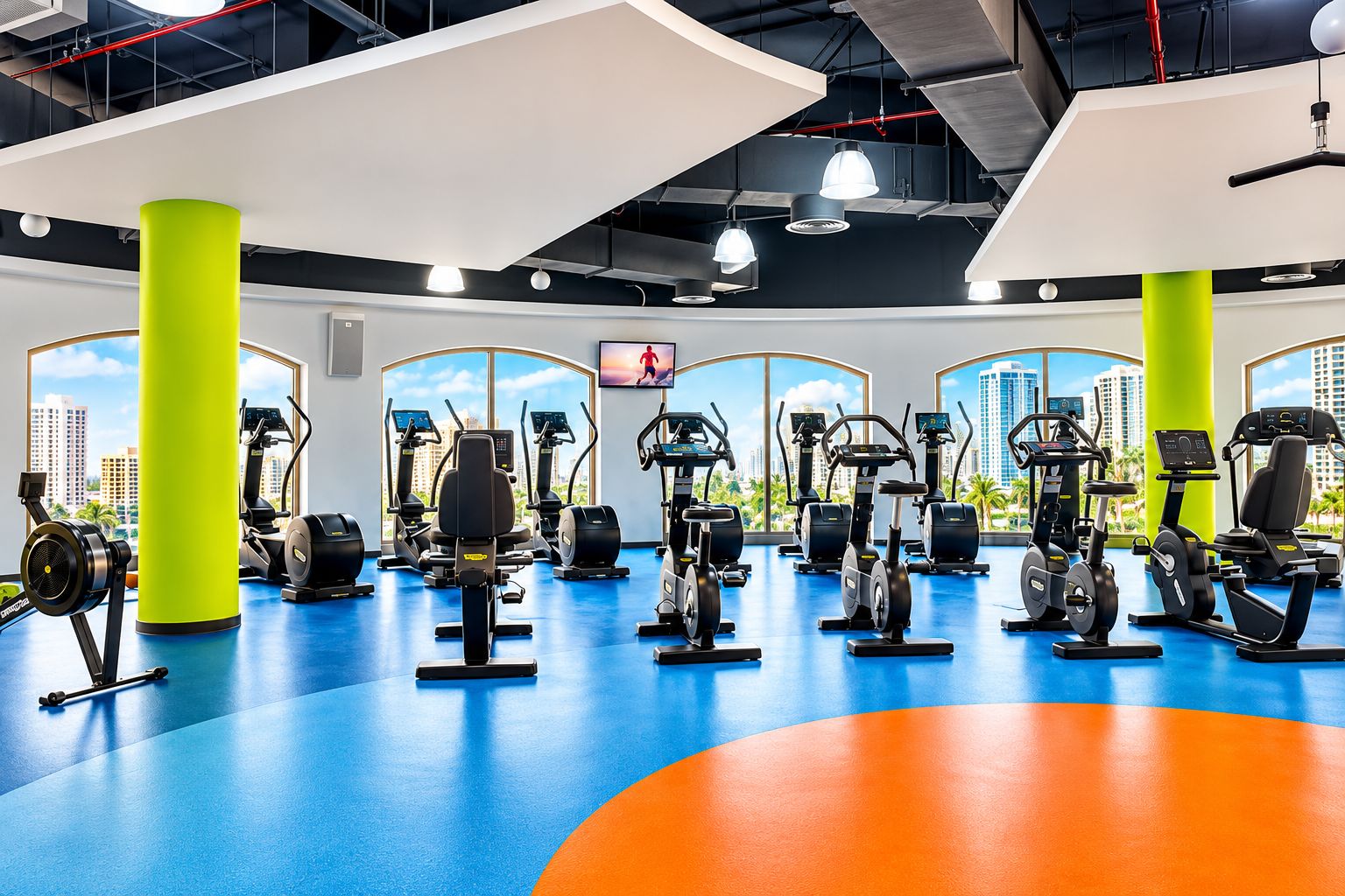 Un gimnasio con equipo de ejercicio, ventanas amplias y piso azul.