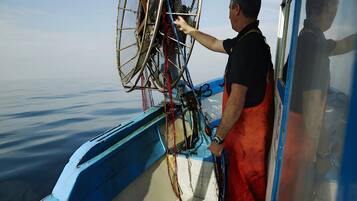 A person on a boat handling a large net.