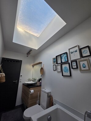 Une salle de bain moderne avec un puits de lumière, des toilettes, une baignoire et un lavabo.