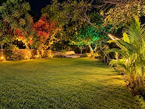 Un espacio exterior bien iluminado con césped, árboles y un muro de piedra.