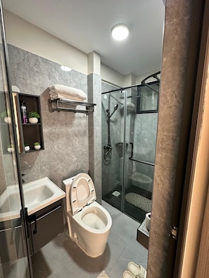 Un bagno moderno con WC, lavandino e box doccia in vetro.