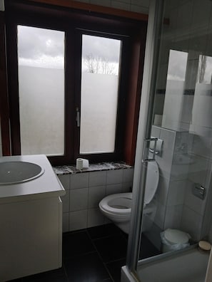 Een badkamer met toilet, wastafel en douche.