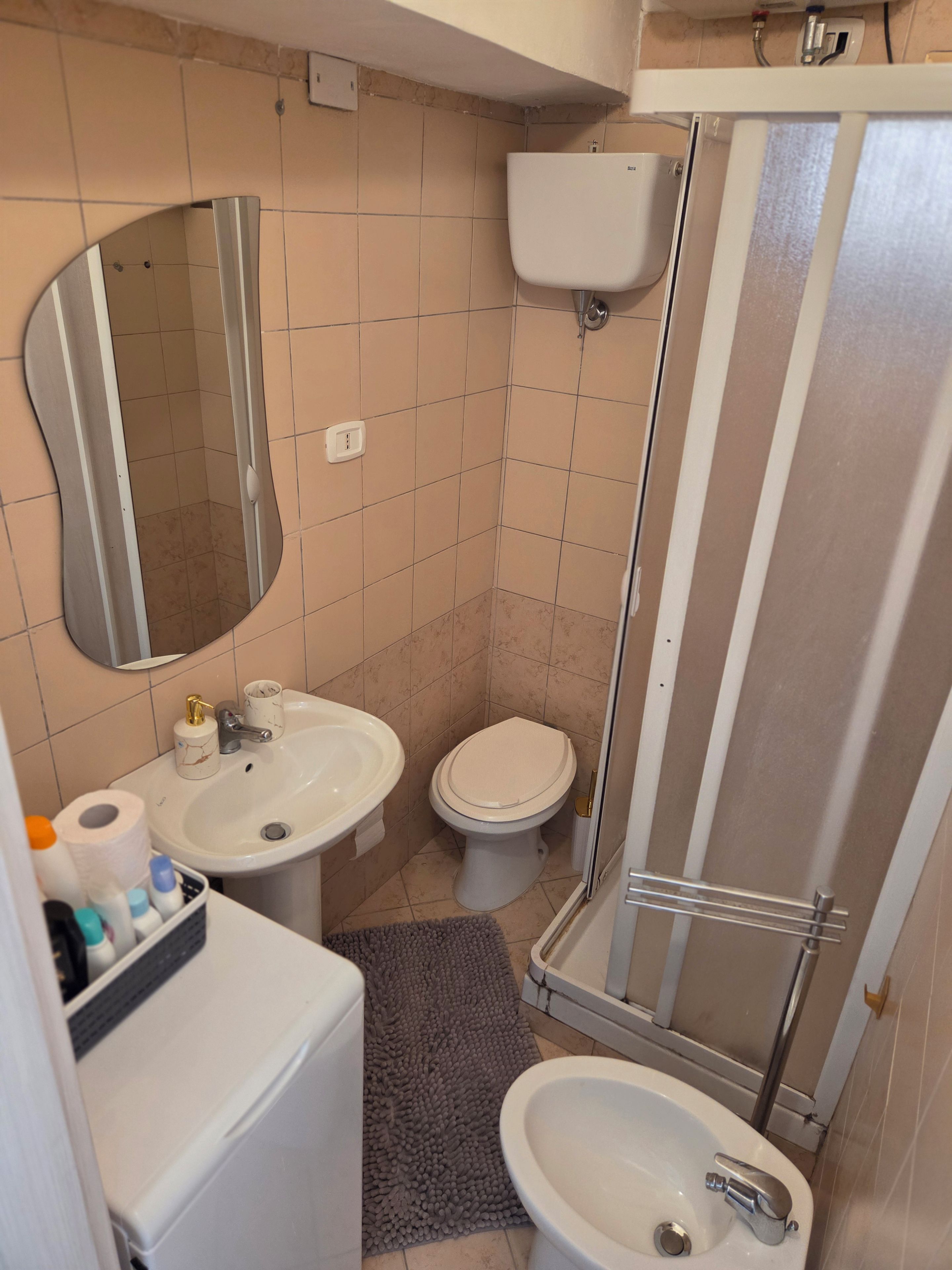 Un baño con inodoro, lavamanos y ducha.