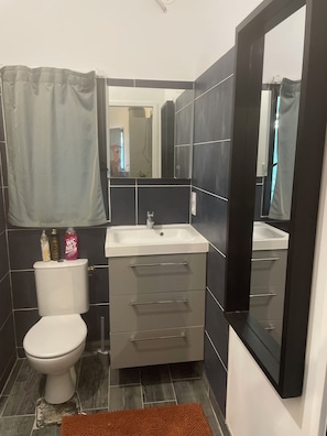 Ein Badezimmer mit Toilette, Waschbecken und Spiegel.