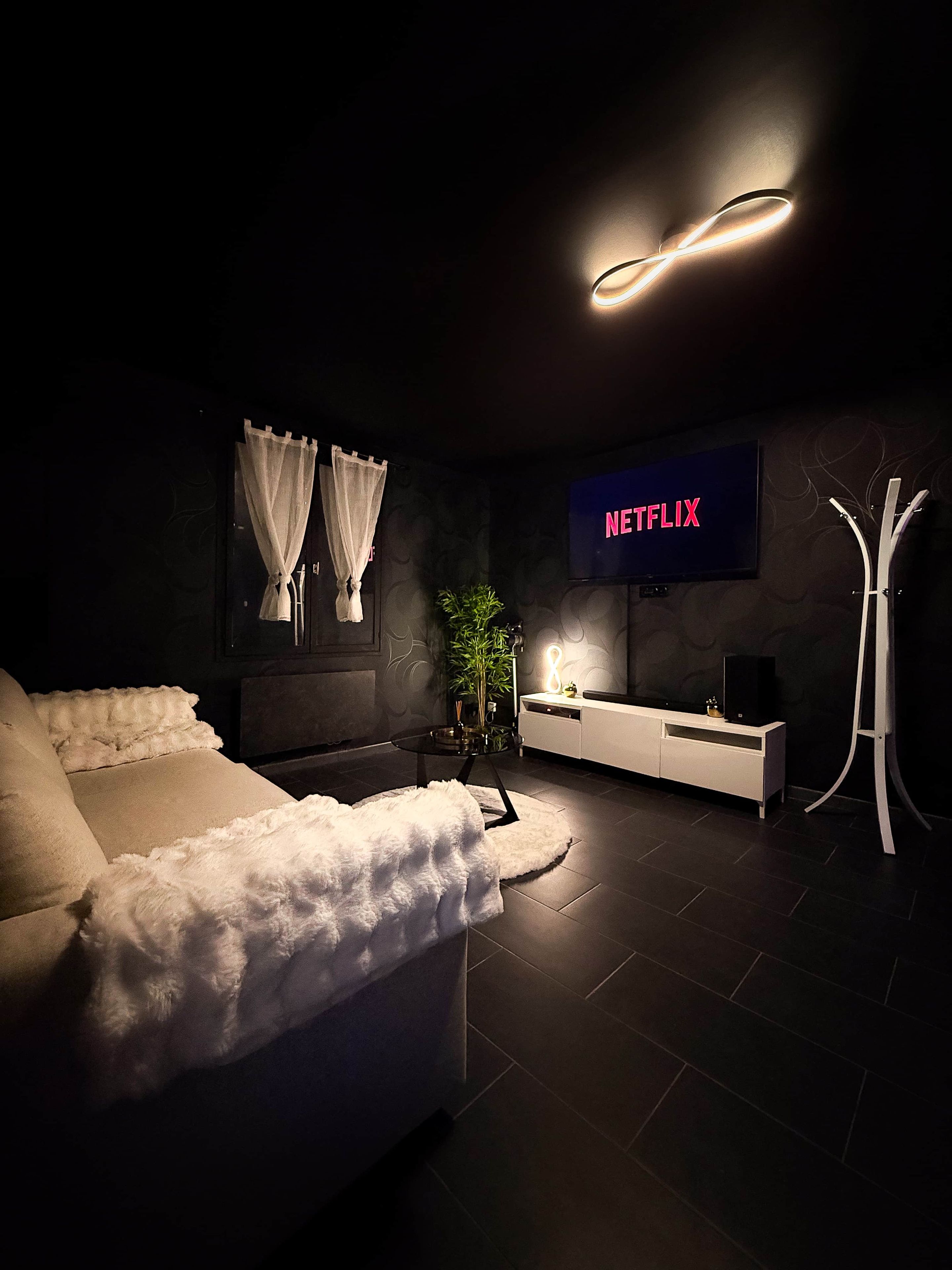 A modern living room with a sofa, a TV displaying 'NETFLIX', a plant, and a white cabinet.