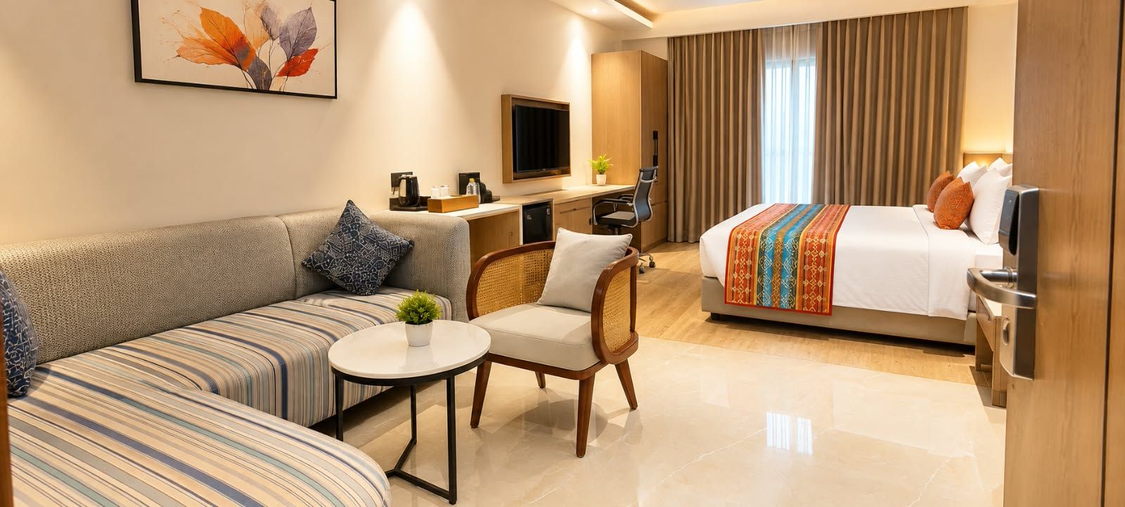Habitación de hotel con sofá, una mesita con planta, cama con manta colorida, escritorio con silla y televisor.