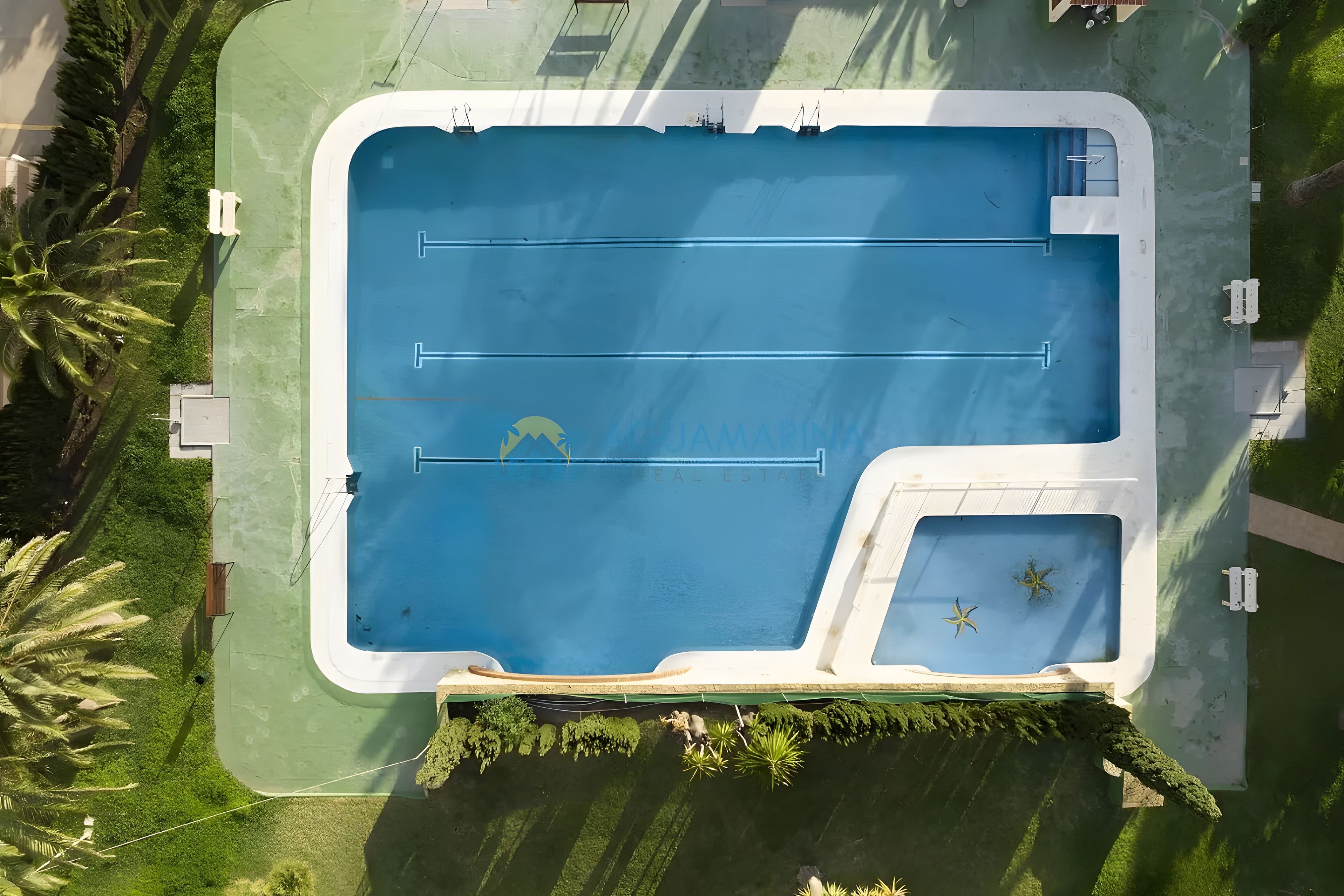 Une vue aérienne d’une piscine rectangulaire, dotée d’une zone plus petite réservée aux plongeons, entourée de verdure et bordée d’une allée pavée.