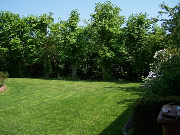 Een verzorgd gazon met verschillende bomen en struiken, een kleine tuintafel en een vuilnisbak.