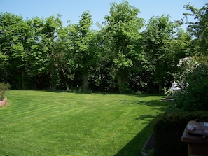 Ein gepflegter Rasen mit verschiedenen Bäumen und Sträuchern, ein kleiner Gartentisch und ein Mülleimer.