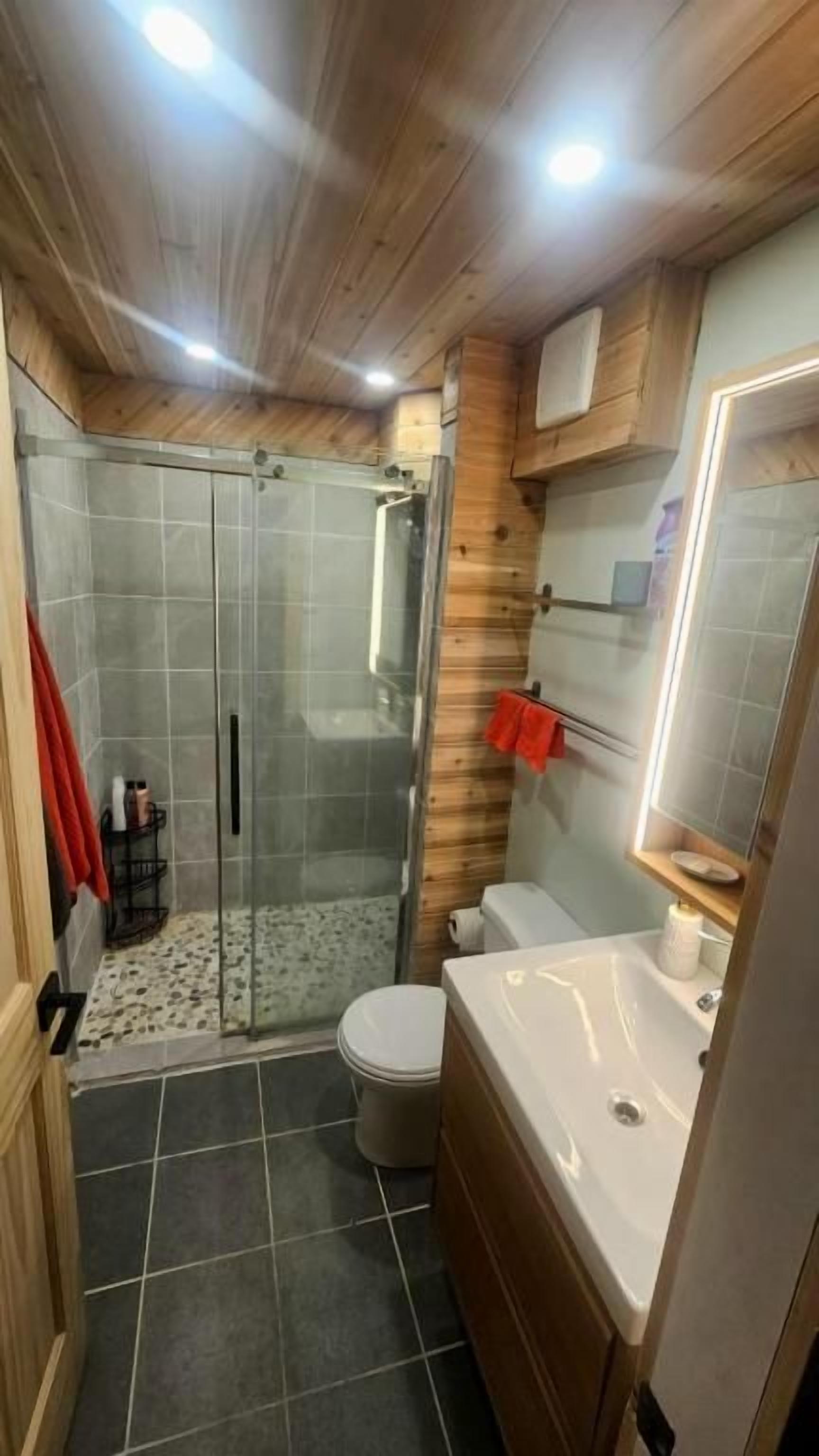 Een kleine badkamer met een douchecabine van glas, toilet en wastafel.