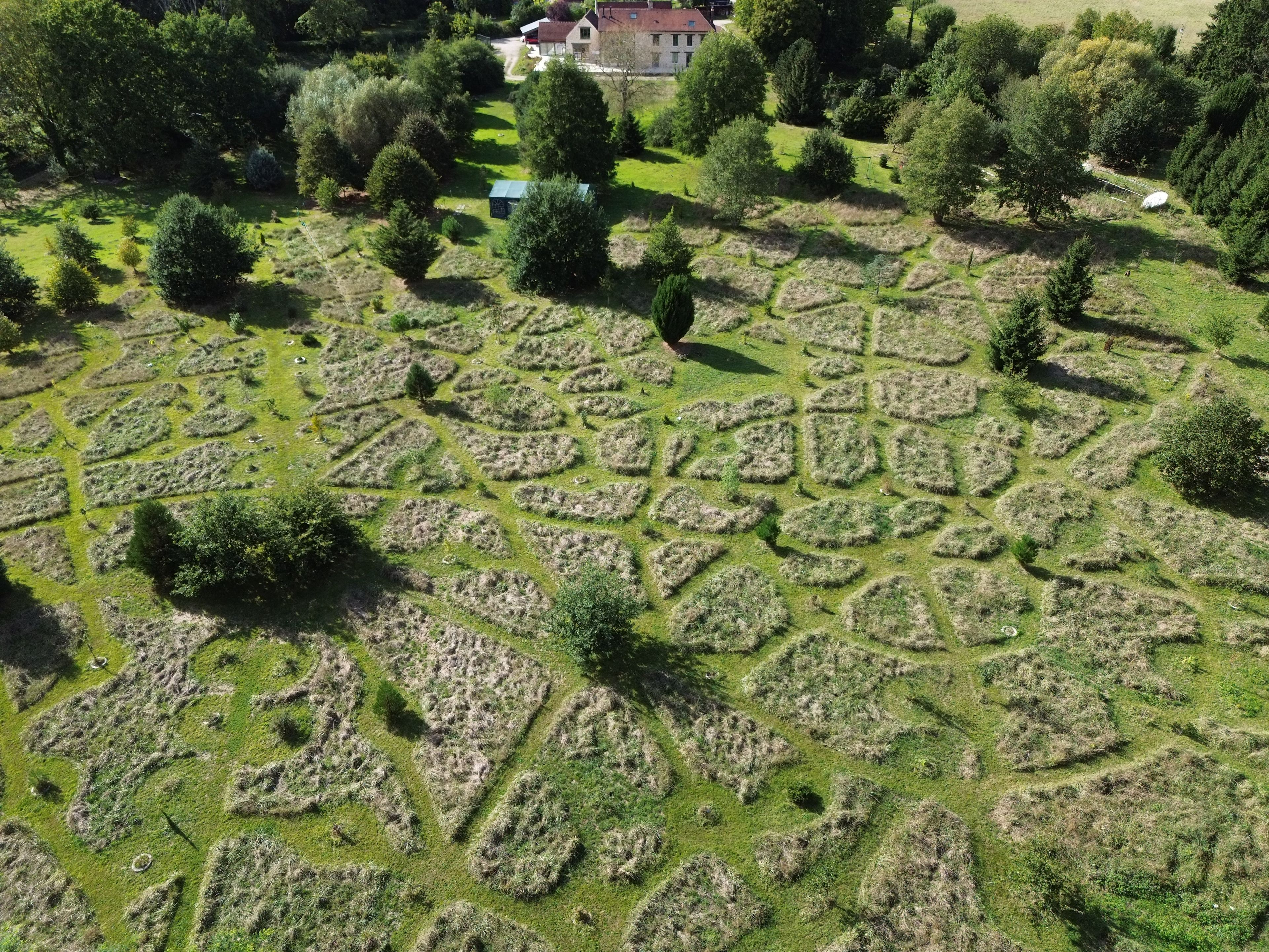 An aerial view of a property with a large, open grassy area with geometric patterns, surrounded by trees and a building in the background.