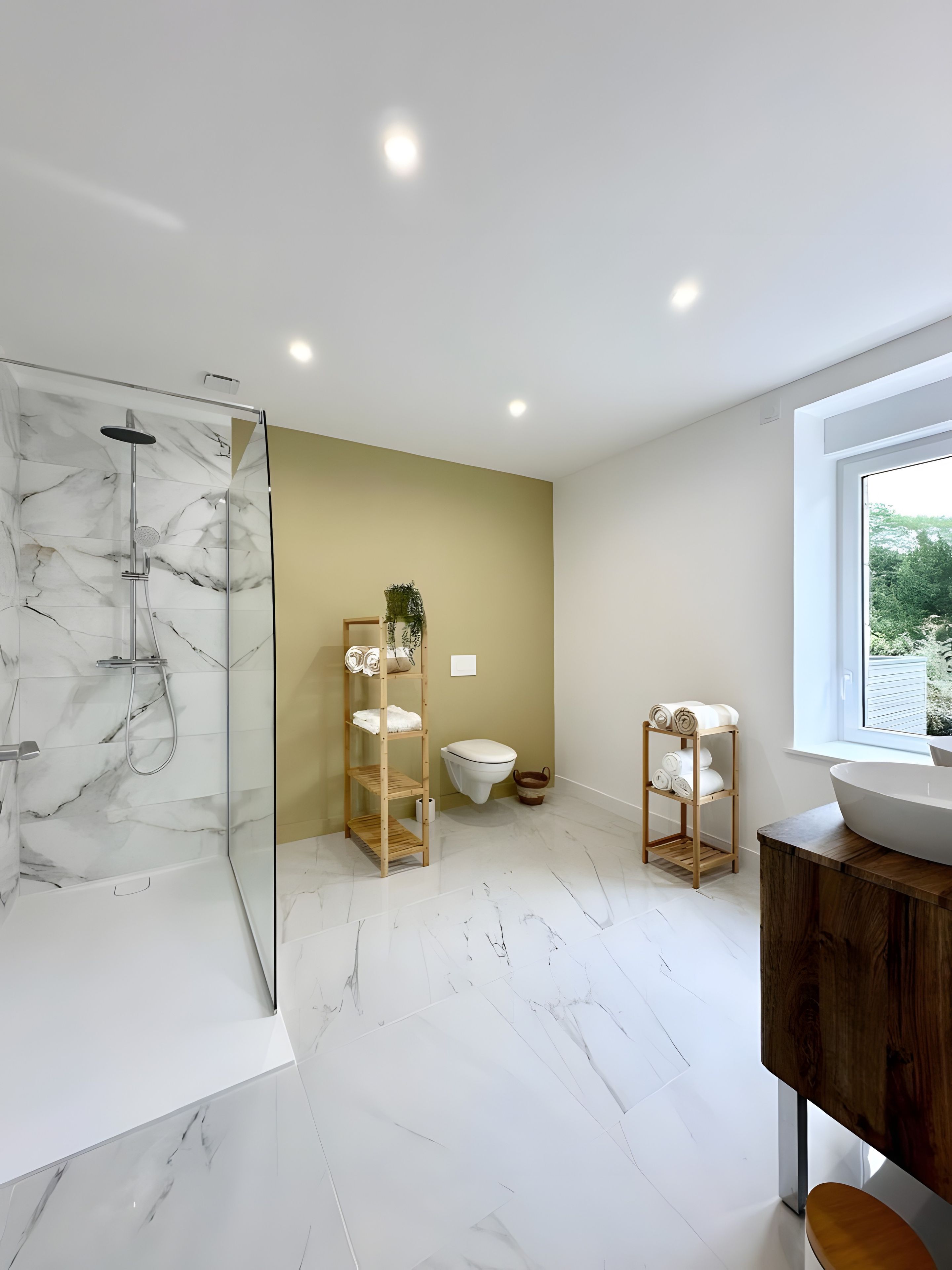 A modern bathroom with a glass-enclosed shower, marble flooring, a wooden vanity, and a view through a large window.