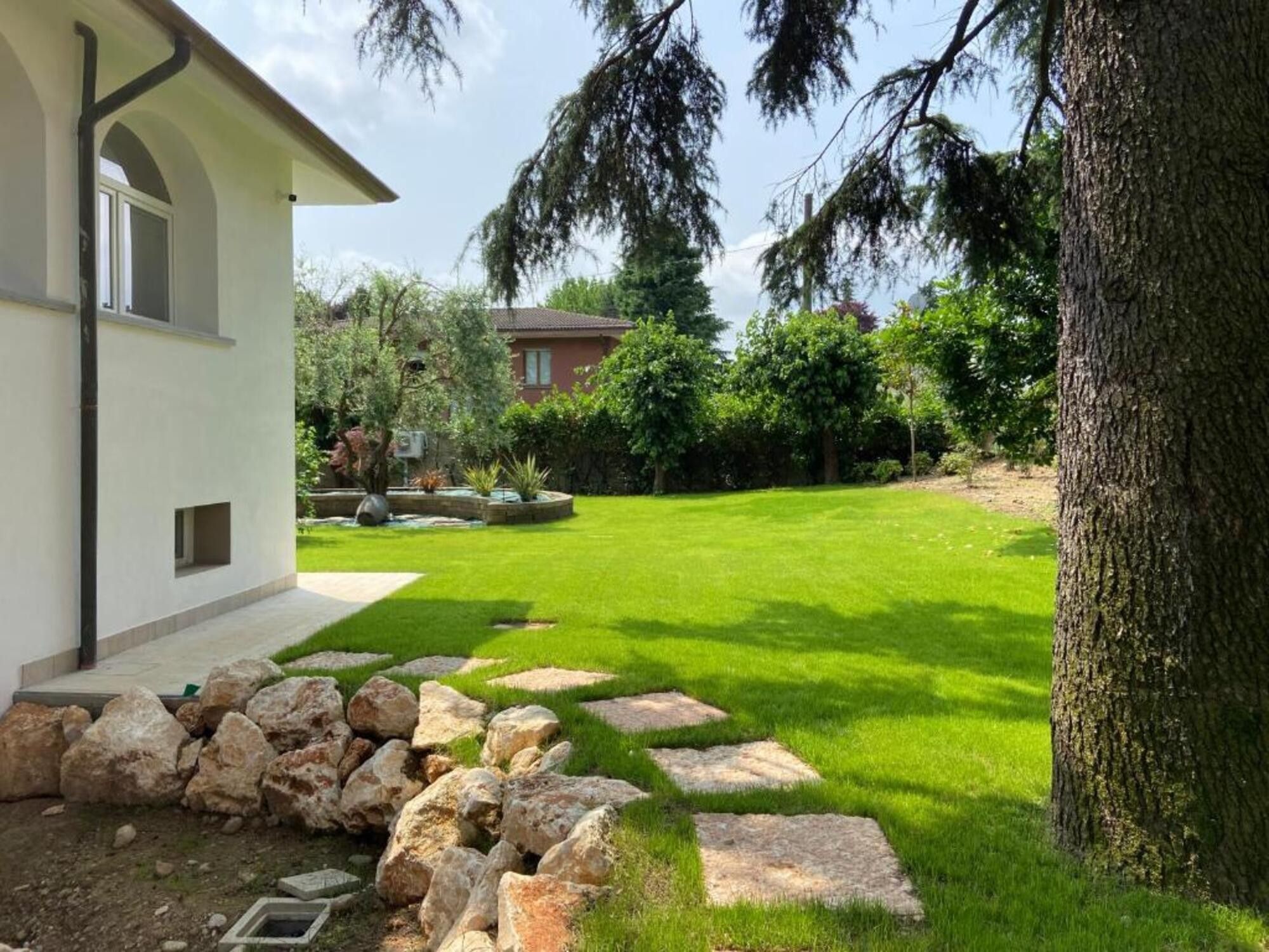 Una proprietà residenziale con un prato curato, un vialetto in pietra e un grande albero.