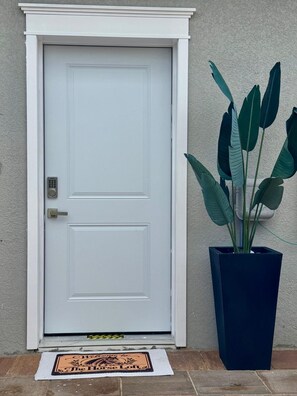 En hvid dør med et kode lås, en potteplante ved siden af den, og en dørmåtte med heste motiv.