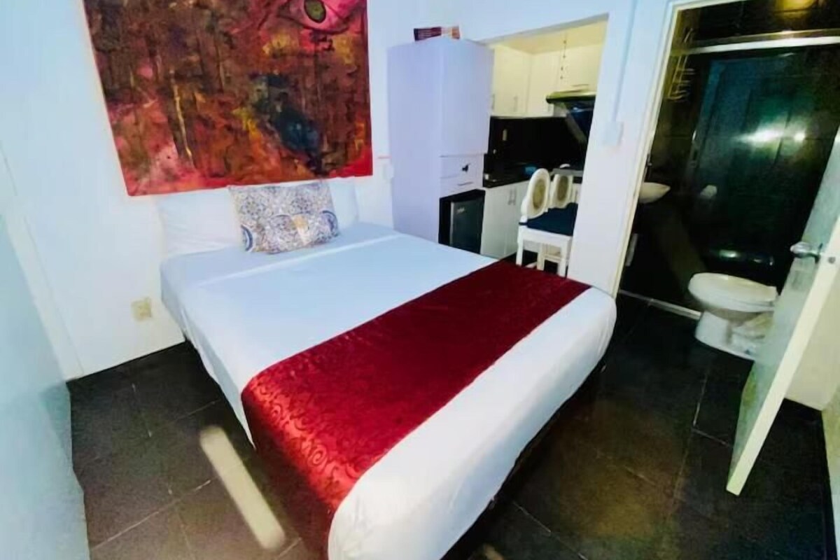 A bedroom with a bed, a red blanket, a painting on the wall, a small kitchenette, and a bathroom with a toilet and sink.