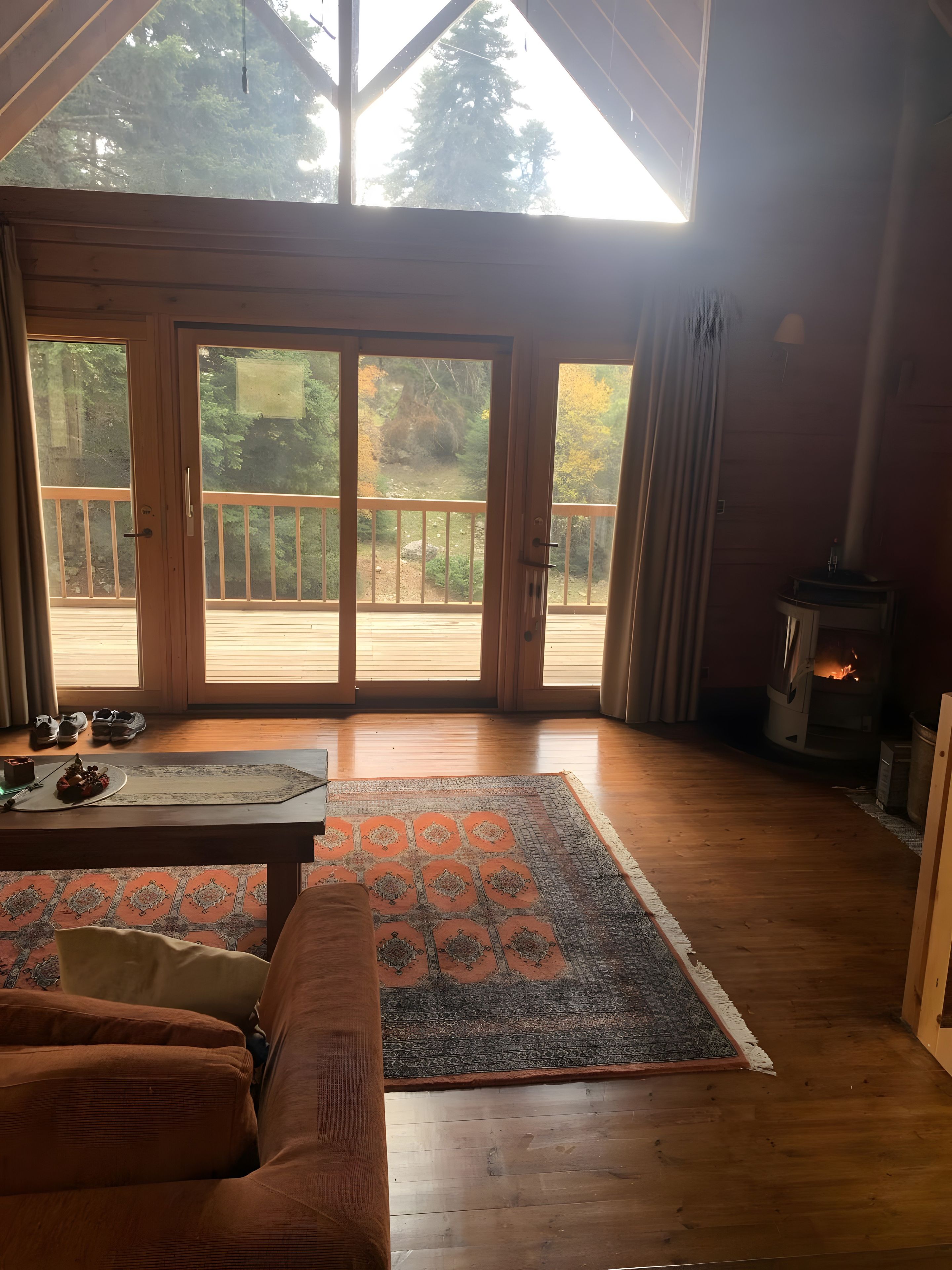 Ein gemütliches Zimmer mit einer großen Holztür, die auf eine Terrassenausläufer führt, einem Kamin und einem gemusterten Teppich.