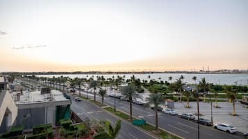 A coastal road with parked cars, palm trees, and a view of the sea and distant buildings.