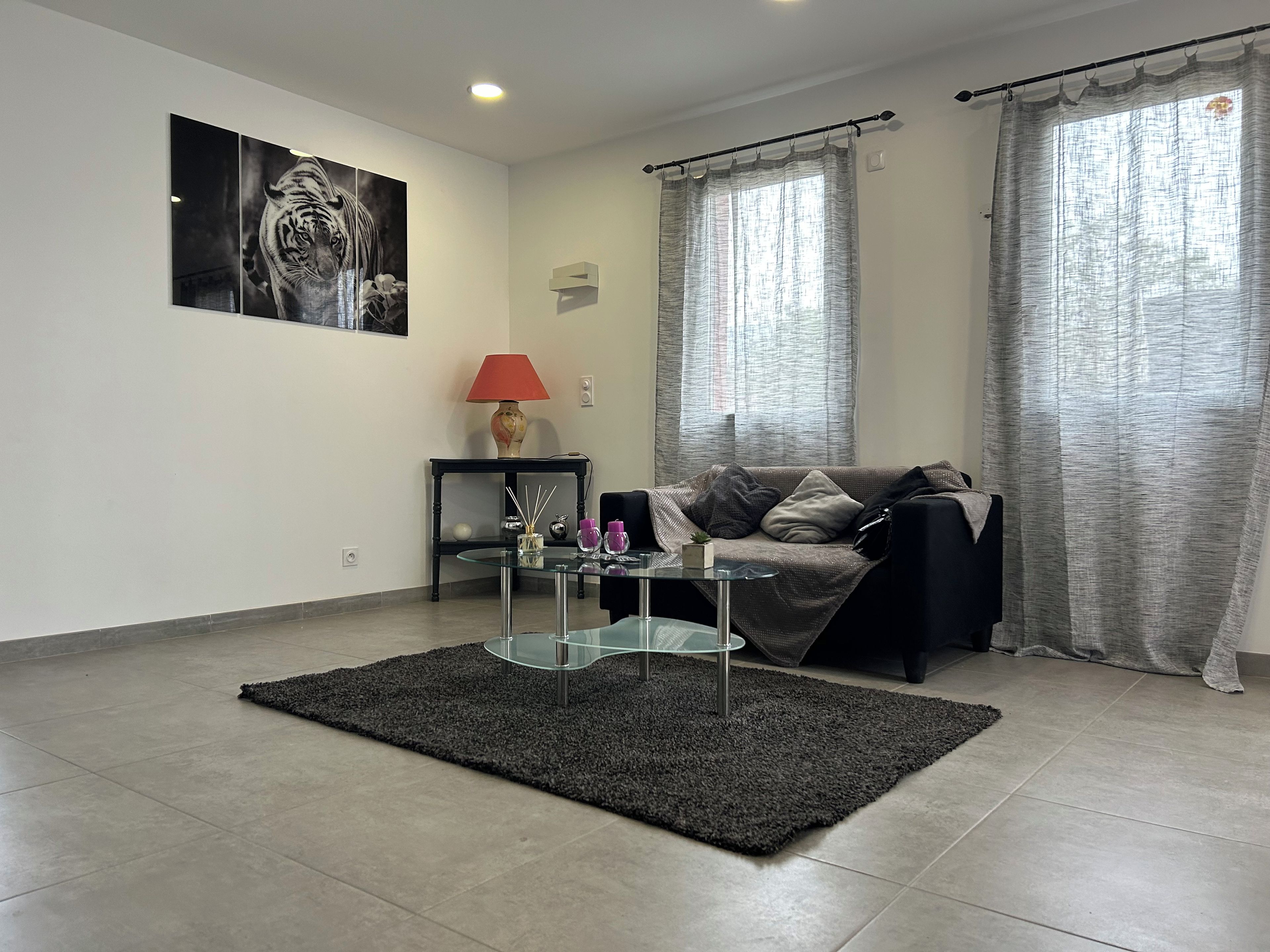 A living room with a sofa, a glass coffee table, a lamp, and a painting on the wall.