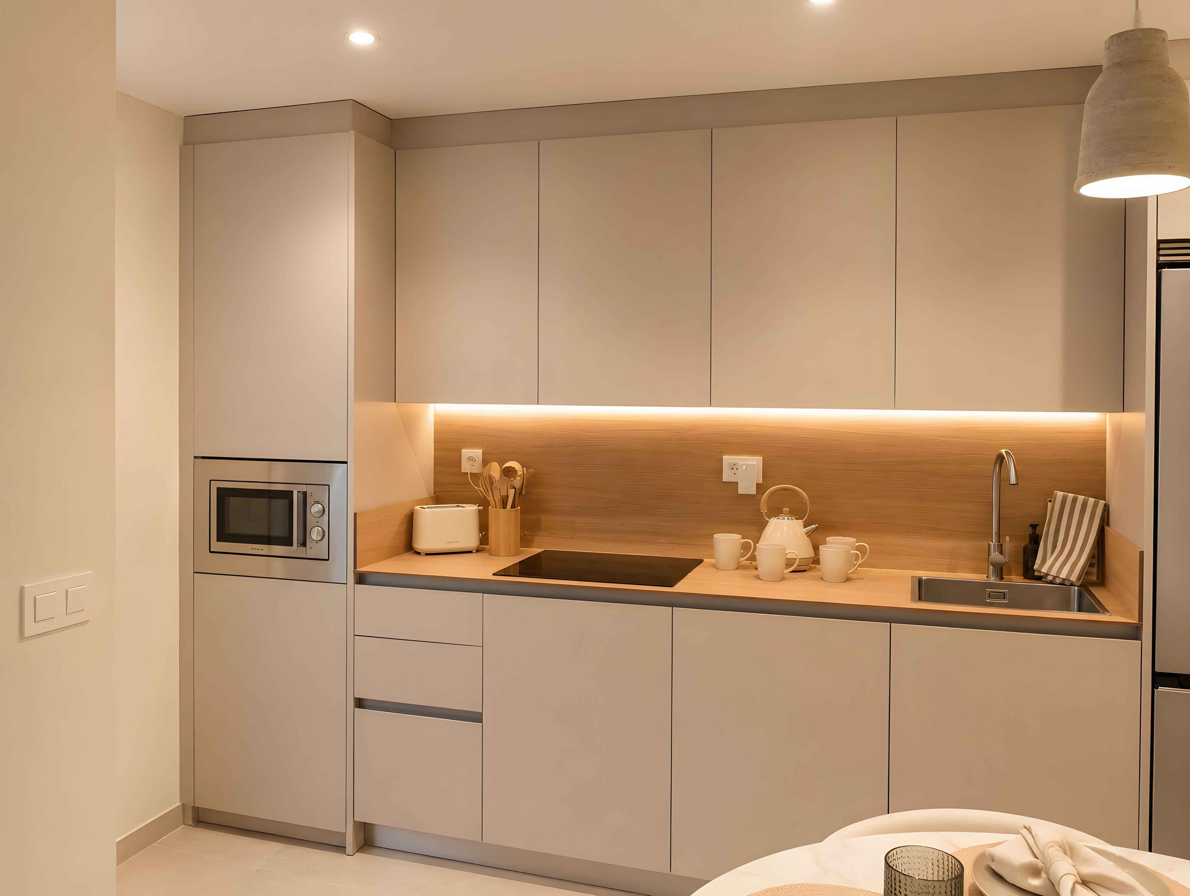 A modern kitchen with a built-in microwave, toaster, and sink.