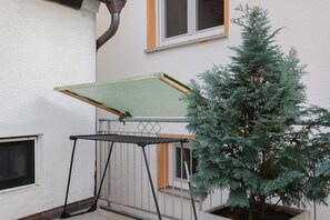 A balcony with a metal railing, a green awning, and a potted evergreen tree.