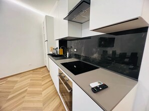 A modern kitchen with a black induction cooktop, a stainless steel sink, and a built-in oven. - New Listing (Sanremo)