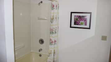 A bathroom with a shower, a bathtub, and a framed picture on the wall.