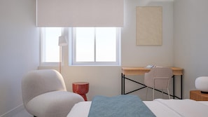 Un dormitorio con cama, escritorio, silla, lámpara y ventana.