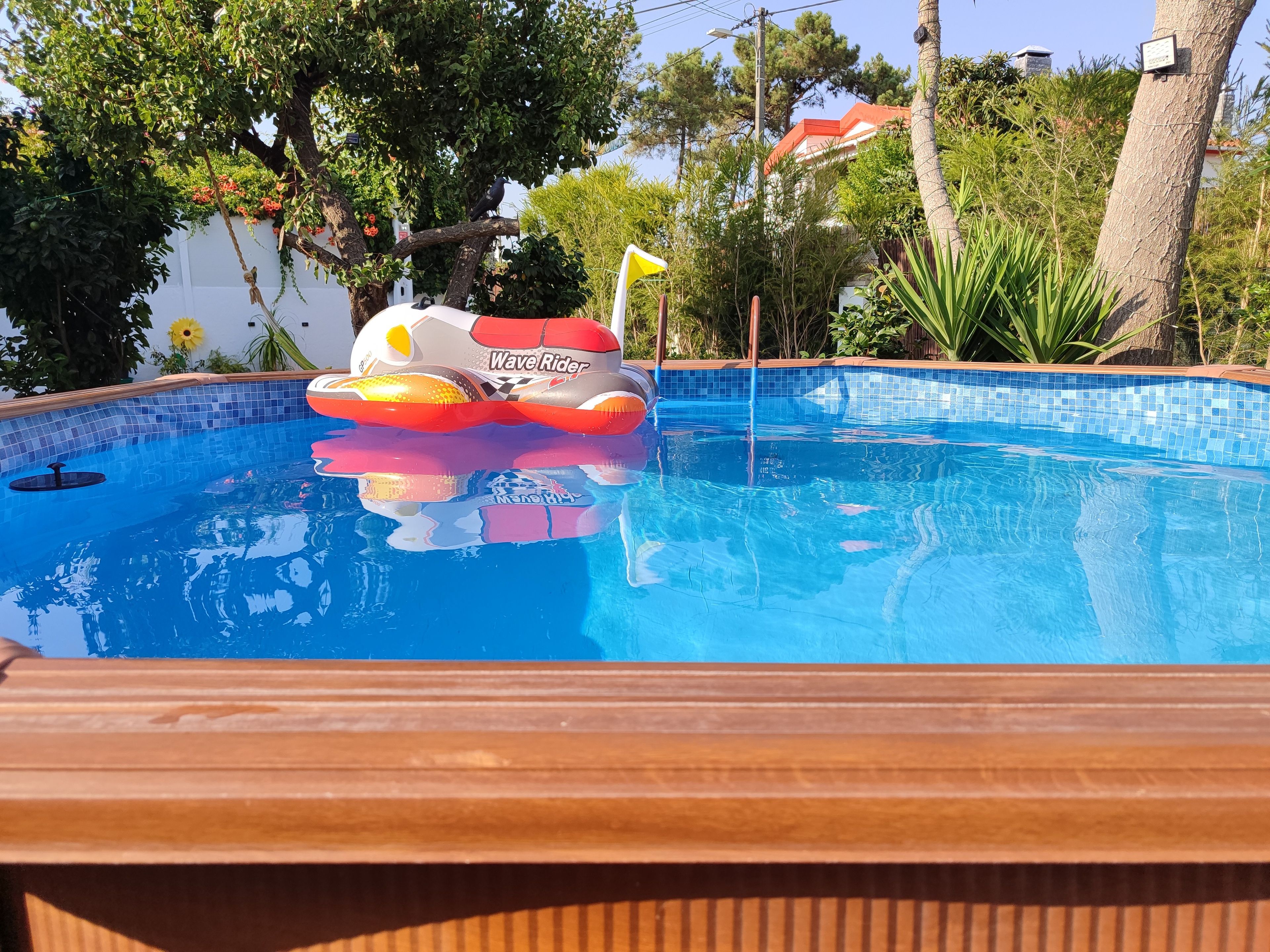 Ein Schwimmbecken mit einem schwimmenden Spielzeug und einer Holzterrasse.