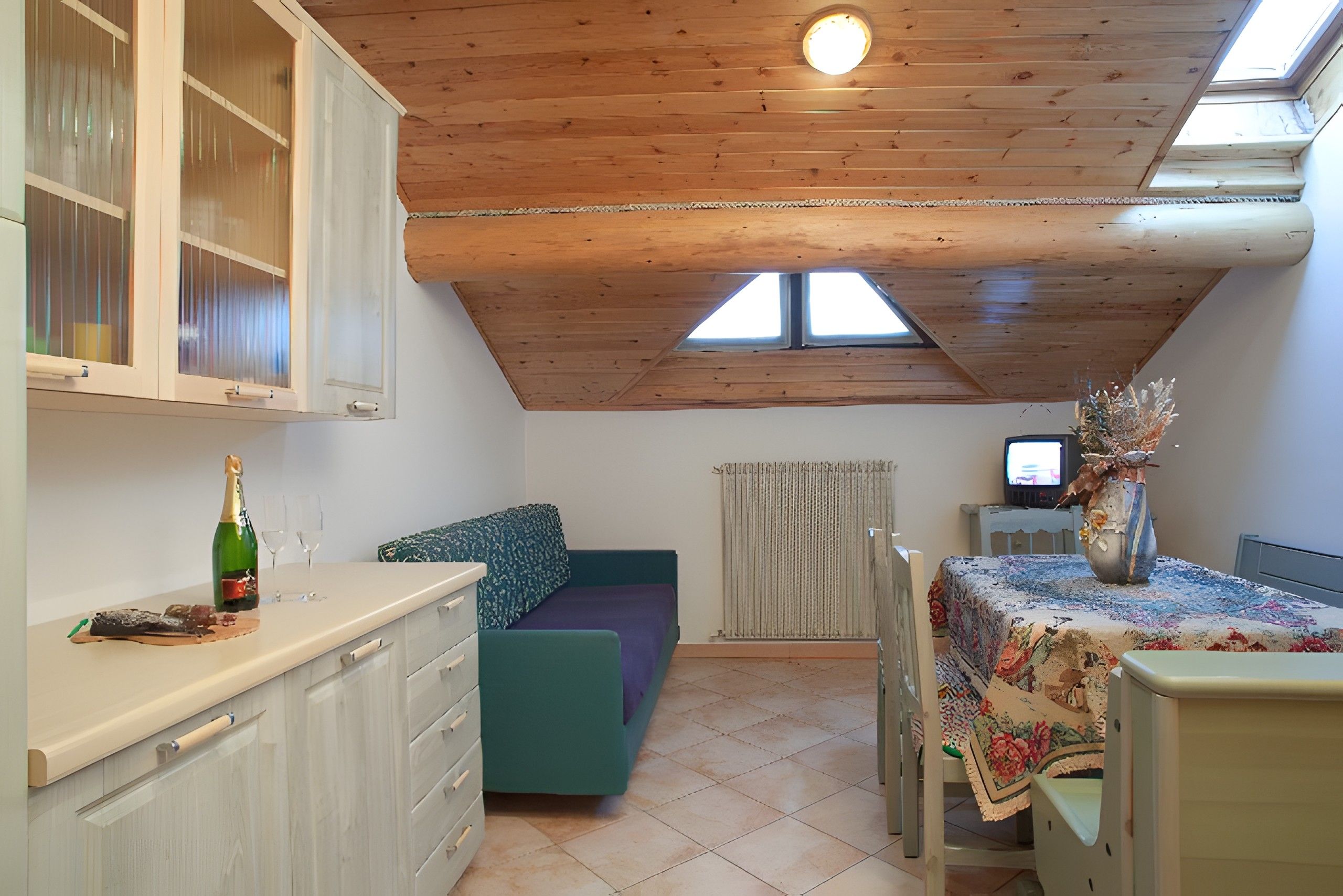 A compact kitchen with a wooden ceiling, a dining area with a table and chairs, a sofa, and a television.