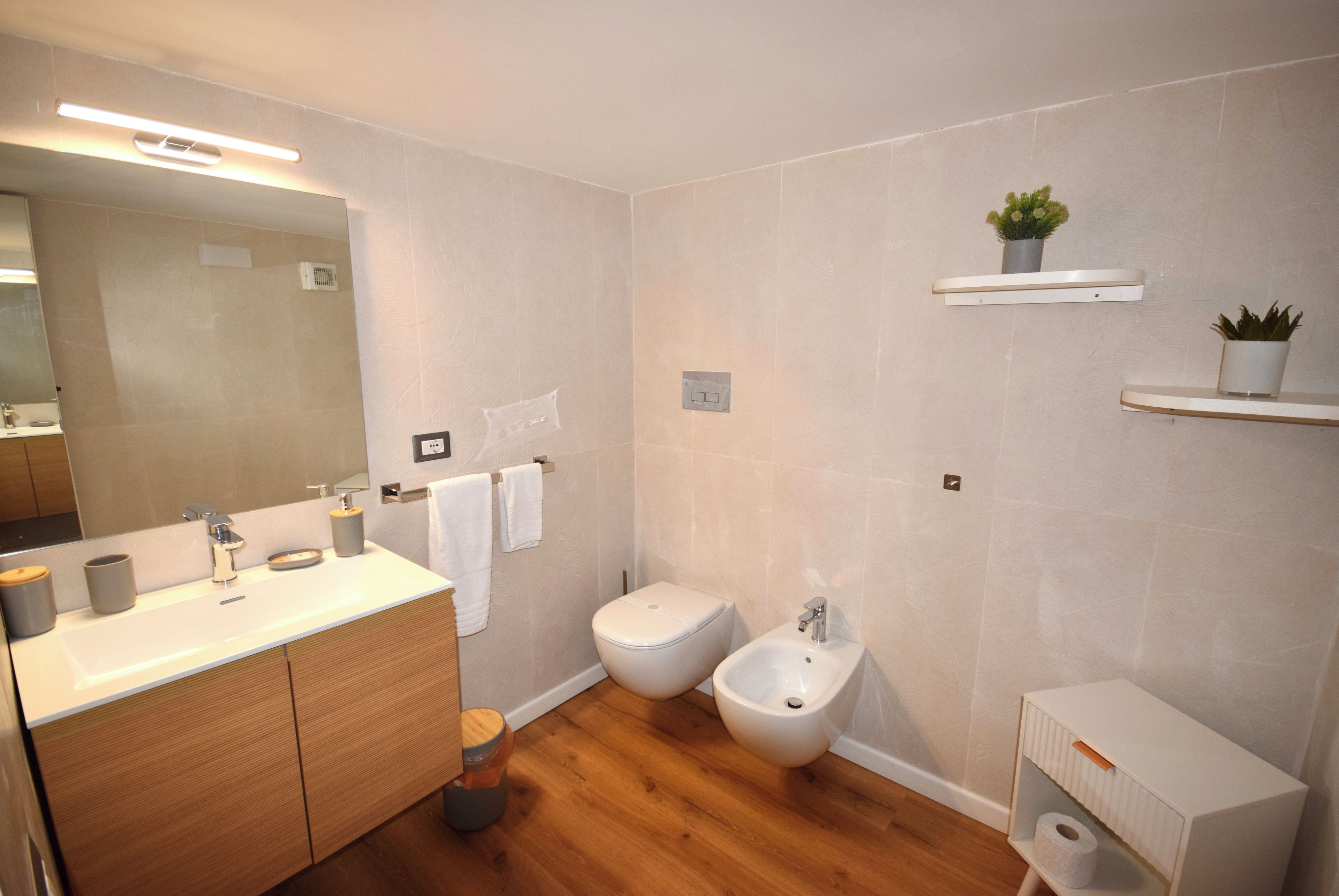 Une salle de bain moderne avec un grand miroir, un lavabo, un bidet et deux étagères ornées de plantes.