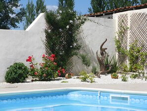 Piscina com parede branca e cerca de madeira, rodeada por plantas e flores diversas.