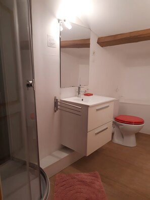 Casa de banho com chuveiro em cabine de vidro, pia branca com saboneteira vermelha, espelho e sanita com assento vermelho.