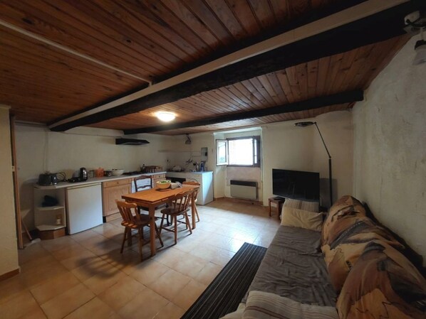 A compact living space with a dining area, kitchenette, and a sofa.
