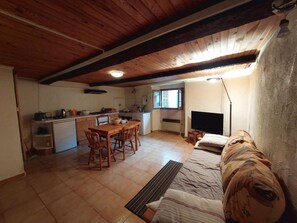 A compact living space with a kitchen, dining area, and a sofa.