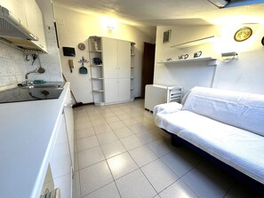A compact kitchen with a sink, cabinets, and a small countertop. There is a white sofa and a radiator in the room. - New Listing (Sanremo)