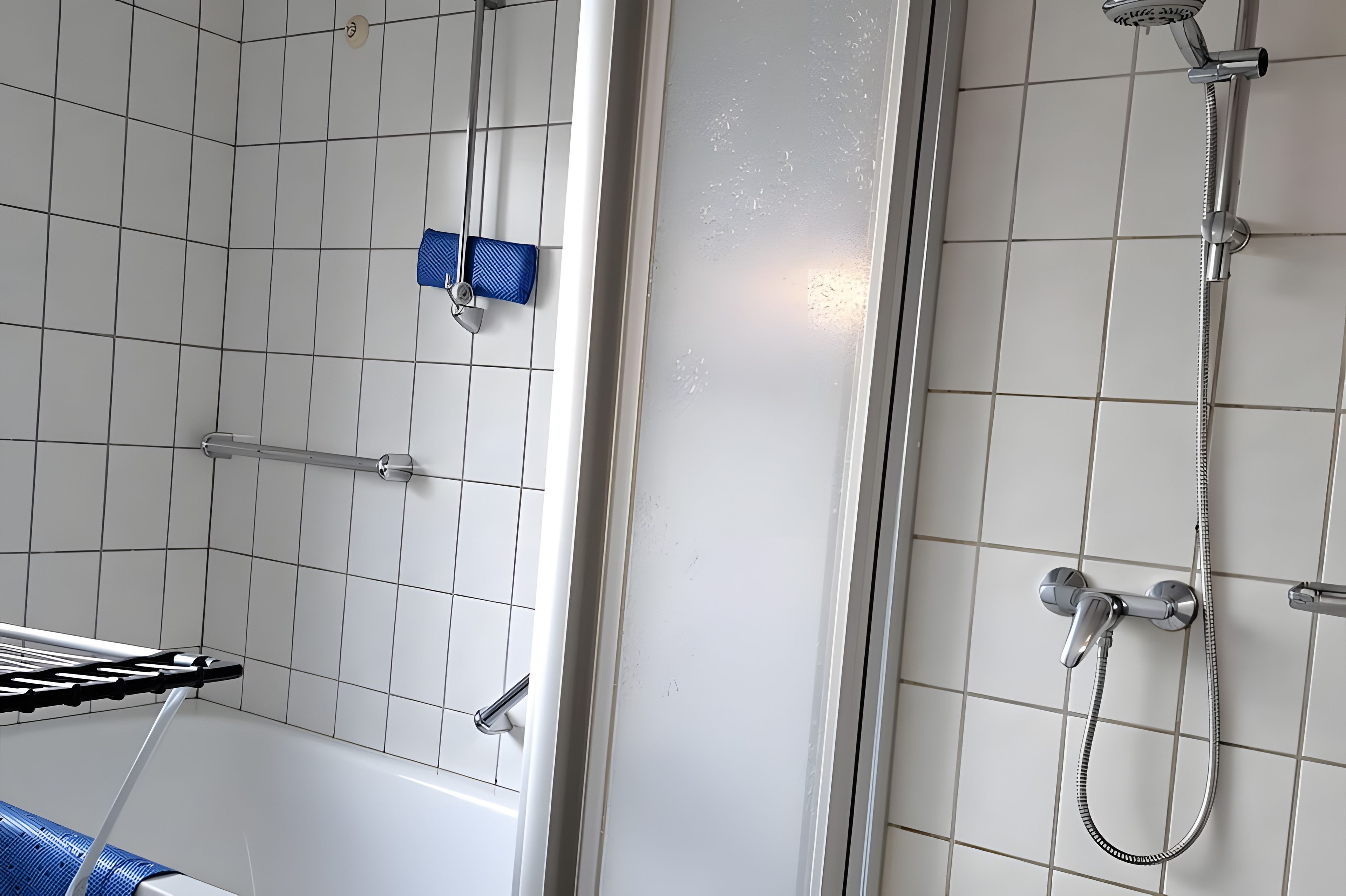 A bathroom with white tiled walls, a shower with a handheld showerhead, and a towel rack with blue towels.