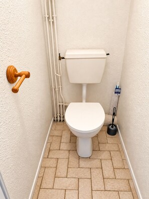 Ein kleines Badezimmer mit Fliesen, einer Toilette, einem hölzernen Toilettenpapierhalter und einem Pömpel.