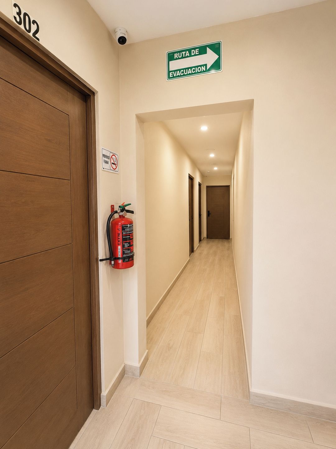 A hallway with a fire extinguisher mounted on the wall, a sign indicating the evacuation route, and a door labeled with the number 302.