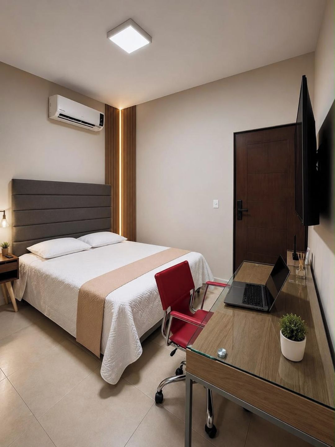 Une chambre d’hôtel avec un lit, un bureau avec un ordinateur portable, une chaise rouge, un téléviseur fixé au mur et un appareil de climatisation.