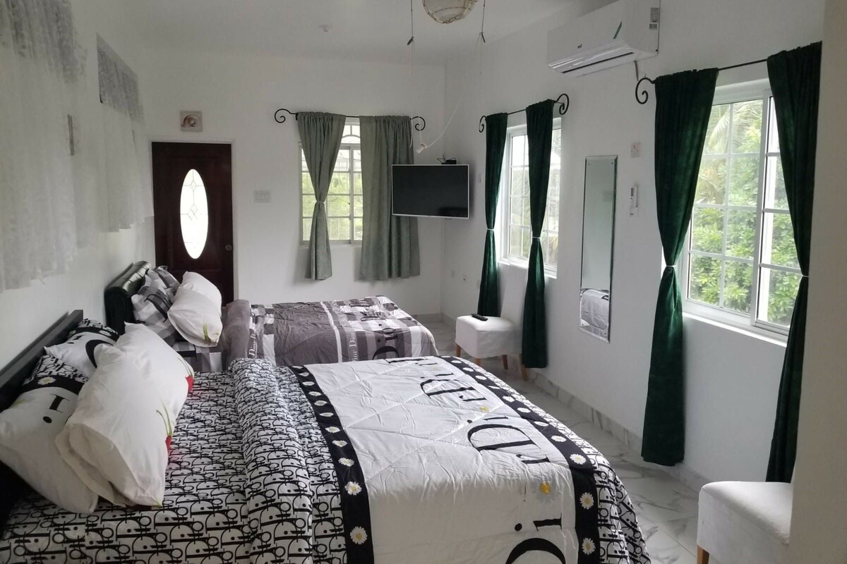 A bedroom with a bed, a bedside table, a chair, a ceiling fan, a TV, and a window with curtains.