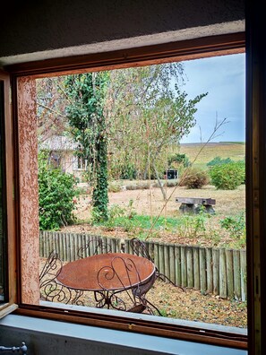 A window view of a patio with a metal table and chairs, a wooden fence, and a garden with various plants and a small shed.