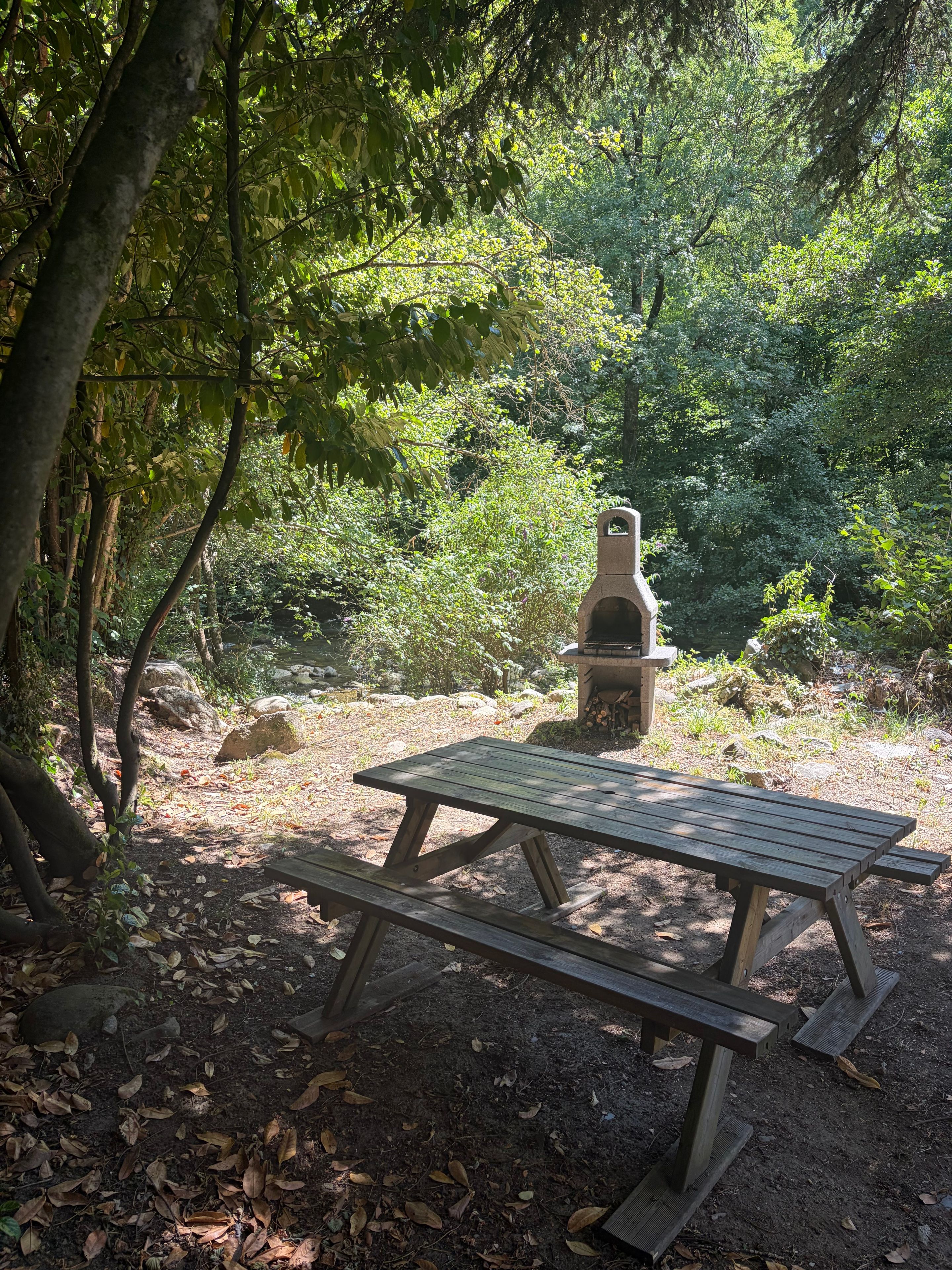 Une table de pique-nique avec des bancs, située dans une zone boisée.