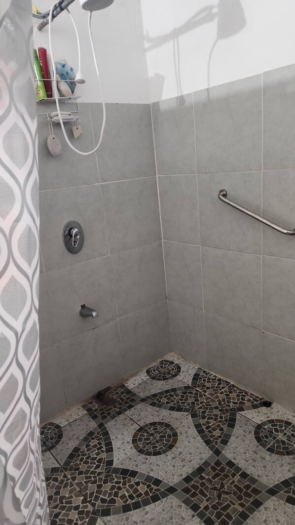 A shower area with tiled walls, a showerhead, a handrail, and a patterned floor. - Haven of Peace & Tranquility (La Brea)