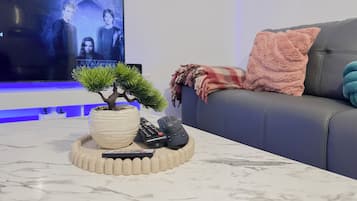Una sala de estar con televisor, planta en maceta, controles remotos y un sofá con una manta.